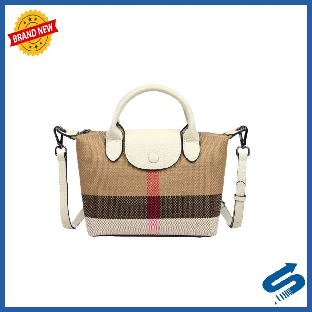 Leather Trim Canvas Shoulder Bag with Crossbody Strap Structured Tote